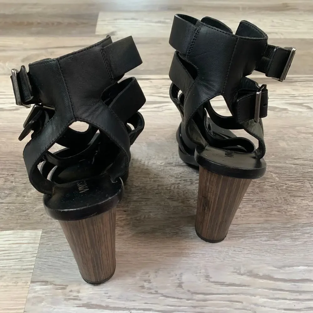 Vince Black Leather Strappy Gladiator Heels 5 Made in Italy Wood Heel